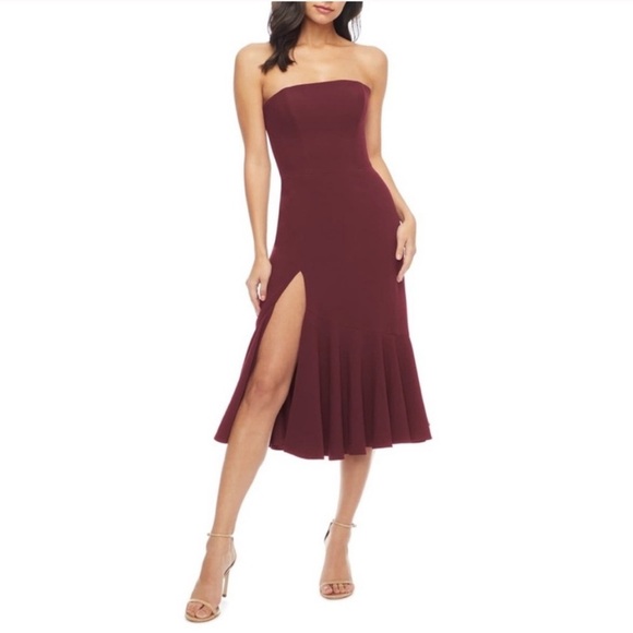 Dress the Population Madison Strapless Midi Dress Maroon Side Slit Medium - Picture 2 of 8